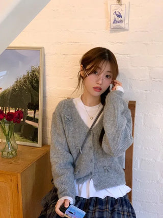 Bob Ribbon A-Line Loose Fit Button Brush Knit Cardigan