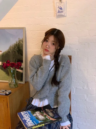 Bob Ribbon A-Line Loose Fit Button Brush Knit Cardigan