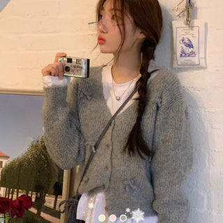 Bob Ribbon A-Line Loose Fit Button Brush Knit Cardigan