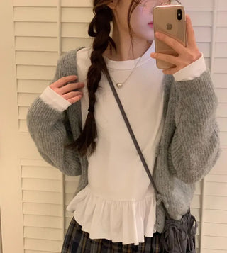 Bob Ribbon A-Line Loose Fit Button Brush Knit Cardigan