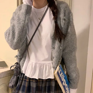 Bob Ribbon A-Line Loose Fit Button Brush Knit Cardigan