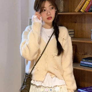 Bob Ribbon A-Line Loose Fit Button Brush Knit Cardigan