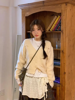 Bob Ribbon A-Line Loose Fit Button Brush Knit Cardigan