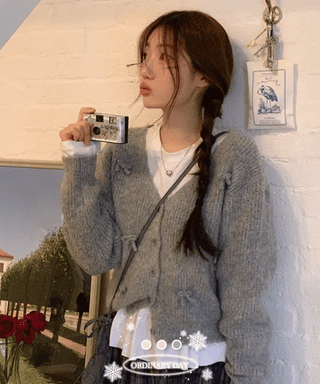 Bob Ribbon A-Line Loose Fit Button Brush Knit Cardigan