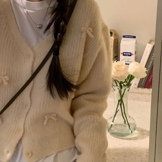 Bob Ribbon A-Line Loose Fit Button Brush Knit Cardigan