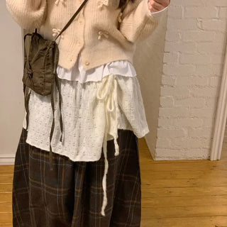 Bob Ribbon A-Line Loose Fit Button Brush Knit Cardigan
