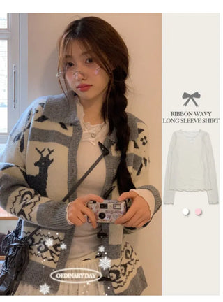 Ellie Wave Double Ribbon Slim Fit Angora Wool Long Sleeve T-Shirt