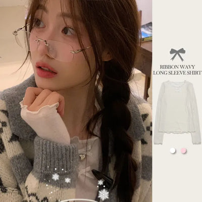 Ellie Wave Double Ribbon Slim Fit Angora Wool Long Sleeve T-Shirt