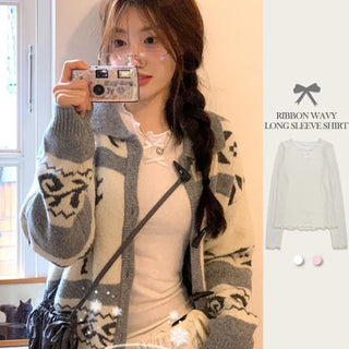 Ellie Wave Double Ribbon Slim Fit Angora Wool Long Sleeve T-Shirt