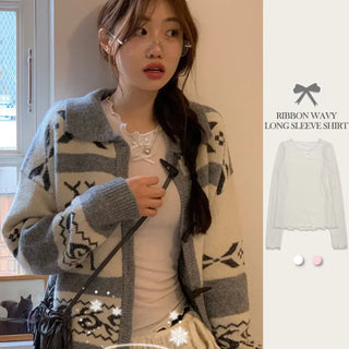 Ellie Wave Double Ribbon Slim Fit Angora Wool Long Sleeve T-Shirt
