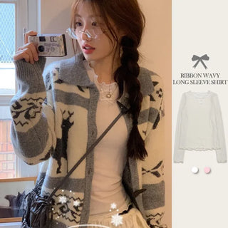 Ellie Wave Double Ribbon Slim Fit Angora Wool Long Sleeve T-Shirt
