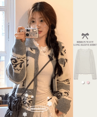 Ellie Wave Double Ribbon Slim Fit Angora Wool Long Sleeve T-Shirt