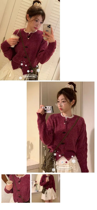 Raspberry Vintage Loose Tteokbokki Button Twisted Team Knit Cardigan