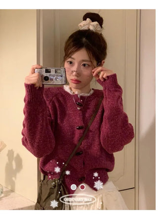 Raspberry Vintage Loose Tteokbokki Button Twisted Team Knit Cardigan