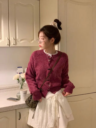 Raspberry Vintage Loose Tteokbokki Button Twisted Team Knit Cardigan