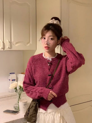 Raspberry Vintage Loose Tteokbokki Button Twisted Team Knit Cardigan