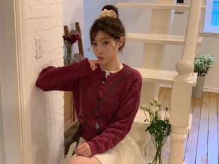 Raspberry Vintage Loose Tteokbokki Button Twisted Team Knit Cardigan
