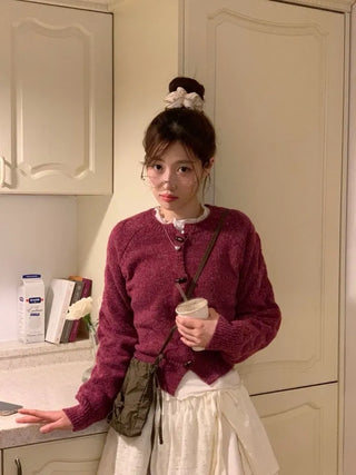 Raspberry Vintage Loose Tteokbokki Button Twisted Team Knit Cardigan