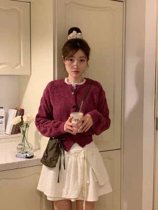 Raspberry Vintage Loose Tteokbokki Button Twisted Team Knit Cardigan