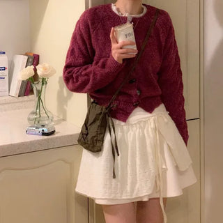 Raspberry Vintage Loose Tteokbokki Button Twisted Team Knit Cardigan