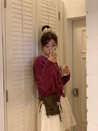 Raspberry Vintage Loose Tteokbokki Button Twisted Team Knit Cardigan