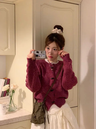 Raspberry Vintage Loose Tteokbokki Button Twisted Team Knit Cardigan