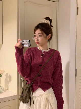 Raspberry Vintage Loose Tteokbokki Button Twisted Team Knit Cardigan