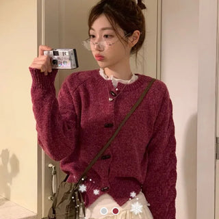 Raspberry Vintage Loose Tteokbokki Button Twisted Team Knit Cardigan