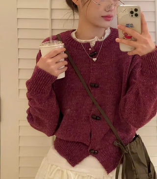 Raspberry Vintage Loose Tteokbokki Button Twisted Team Knit Cardigan