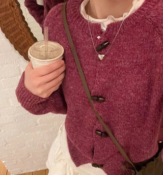 Raspberry Vintage Loose Tteokbokki Button Twisted Team Knit Cardigan