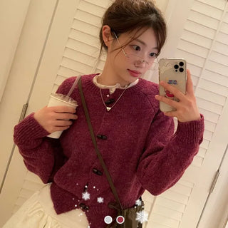 Raspberry Vintage Loose Tteokbokki Button Twisted Team Knit Cardigan