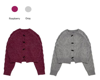 Raspberry Vintage Loose Tteokbokki Button Twisted Team Knit Cardigan