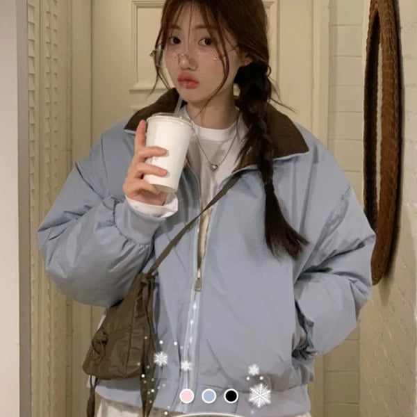 Capone check color block reversible double-sided loose-fit collar neck aviation padding jumper