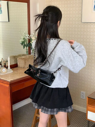 Fluffy Color Block Ribbon Strap Stitch Women's Fit Long Sleeve Knit