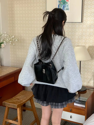 Fluffy Color Block Ribbon Strap Stitch Women's Fit Long Sleeve Knit