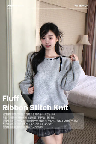 Fluffy Color Block Ribbon Strap Stitch Women's Fit Long Sleeve Knit