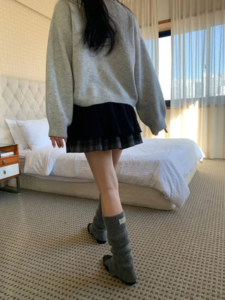 Fluffy Color Block Ribbon Strap Stitch Women's Fit Long Sleeve Knit