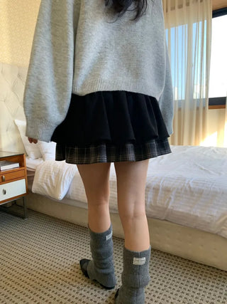 Fluffy Color Block Ribbon Strap Stitch Women's Fit Long Sleeve Knit
