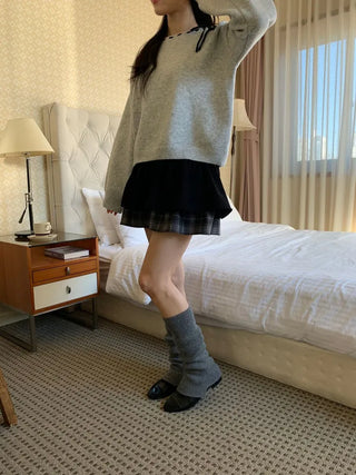 Fluffy Color Block Ribbon Strap Stitch Women's Fit Long Sleeve Knit