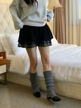Fluffy Color Block Ribbon Strap Stitch Women's Fit Long Sleeve Knit