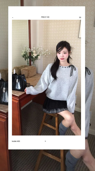 Fluffy Color Block Ribbon Strap Stitch Women's Fit Long Sleeve Knit