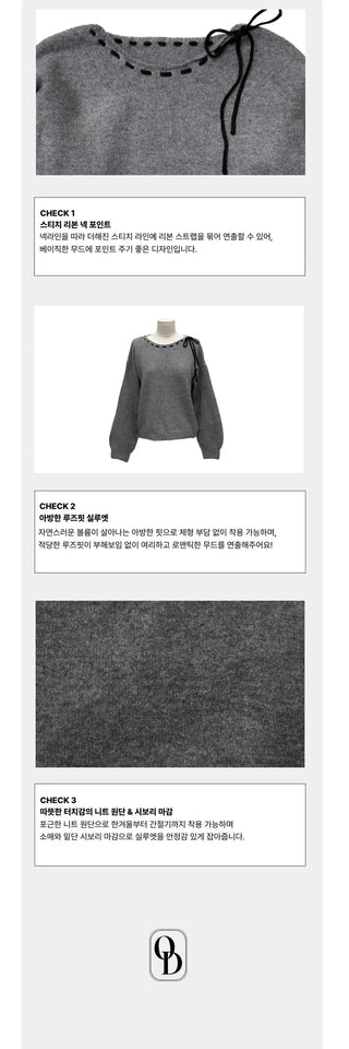 Fluffy Color Block Ribbon Strap Stitch Women's Fit Long Sleeve Knit