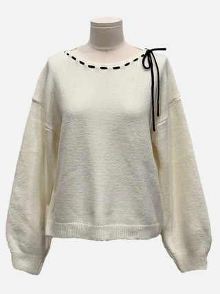 Fluffy Color Block Ribbon Strap Stitch Women's Fit Long Sleeve Knit