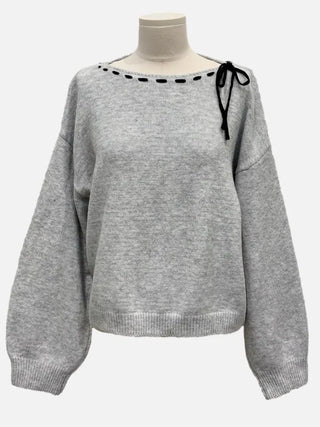 Fluffy Color Block Ribbon Strap Stitch Women's Fit Long Sleeve Knit