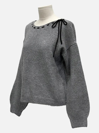 Fluffy Color Block Ribbon Strap Stitch Women's Fit Long Sleeve Knit
