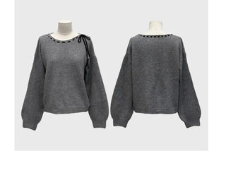 Fluffy Color Block Ribbon Strap Stitch Women's Fit Long Sleeve Knit