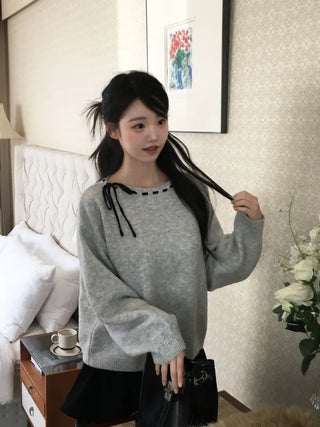 Fluffy Color Block Ribbon Strap Stitch Women's Fit Long Sleeve Knit