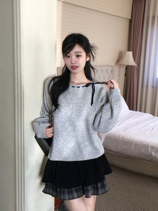 Fluffy Color Block Ribbon Strap Stitch Women's Fit Long Sleeve Knit