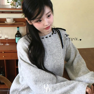 Fluffy Color Block Ribbon Strap Stitch Women's Fit Long Sleeve Knit