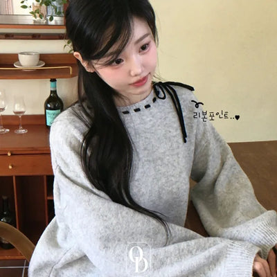 Fluffy Color Block Ribbon Strap Stitch Women's Fit Long Sleeve Knit